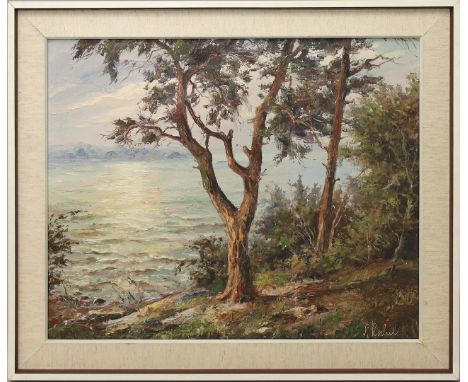 Rochel, Siegfried (1904 Berlin 1985) Sommerliches Seeufer mit Kiefern. Öl/Lwd., re. u. sign. 50x 60 cm. R.