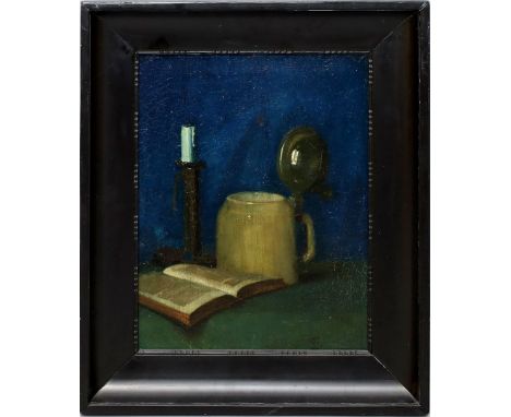 Monogrammist (um 1900) Stillleben mit Kerze, Buch und Bierkrug. Öl/Lwd., re. u. monog. 40x 30 cm. R.
