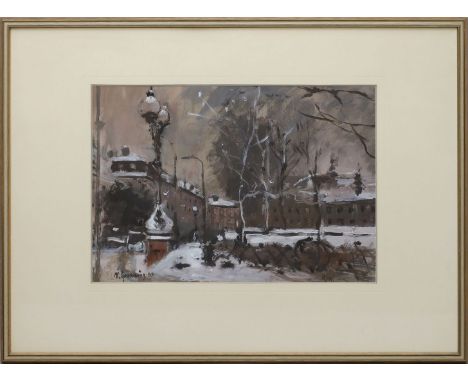 Spasowicz, Magdalena (geb. 1927 Polen) Winterliche Straßen. Gouache, li. u. sign. und dat. (19)80. PP.-Ausschnitt 29x 43 cm. 