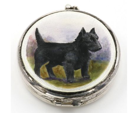 Kleine Puderdose. 925/000 Sterlingsilber, brutto 39 g. Deckel mit Darstellung eines stehenden Terriers in bunter Emailmalerei