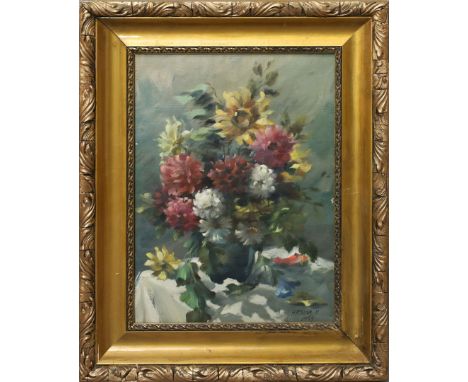 3 Stillleben (20. Jh.) Blumen- bzw. Früchtedarstellungen, 1x mit Wellensittichen. Öl/Lwd. bzw. Öl/Platte. Je R., Gesamtmaß bi