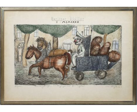 Mühlenhaupt, Kurt (1921 Klein Ziescht- Berlin 2006) "Trödeljunge und Bierwagen", aus "Berliner Blätter". Aquarellierte Lithog