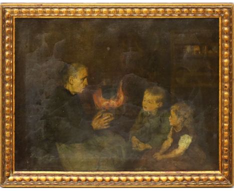 Unbekannter Maler (um 1900) Großmutter mit 2 Enkelkindern vor dem Kamin. Öl/Lwd. (Feuchtigkeitsschaden). 25x 33 cm. R. (Ren_2