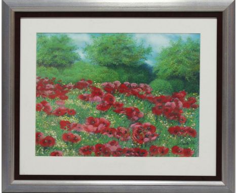 Unbekannter Maler (um 1995) Frühlingswiese mit Mohnblüten. Pastell, re. u. unleserlich sign. "Schmolli?" und dat. (19)95. Ca.