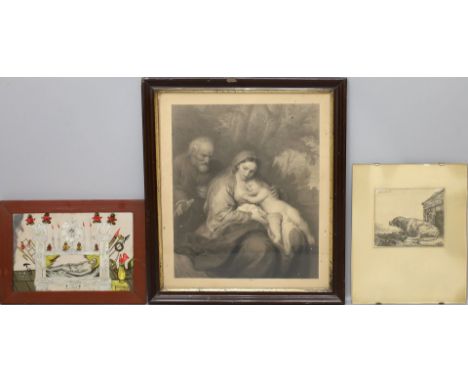 Glasmalerei (19. Jh.) Christus im Grab. Farbige Malerei auf Spiegelglas. 18x 28 cm. R. Beigegeben: Große und kleine Graphik e