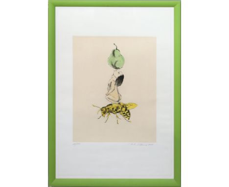 Schleime, Cornelia (geb. 1953 Berlin) Ohne Titel (Akt mit Apfel auf Biene). Farbradierung, re. u. mit Bleistift sign., dat. 2