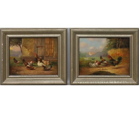 Unbekannter Maler (um 1900) Pendants: Hühner am Seeufer bzw. auf dem Hof. Öl/Holztafel, undeutlich sign. 15x 20 cm R.