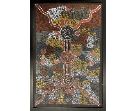 Spencer, Rahab (geb. 1967 Australien) "GOANNA DREAMING", so auf Etikett der ABORIGINAL DESERT ART GALLERY betitelt. Öl/Lwd./K