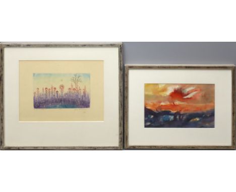 4 Bilder (20. Jh.) Dabei Farbradierung und 2 Landschaftsaquarelle, je sign. R., Gesamtmaß 41,5x 44,5 cm.