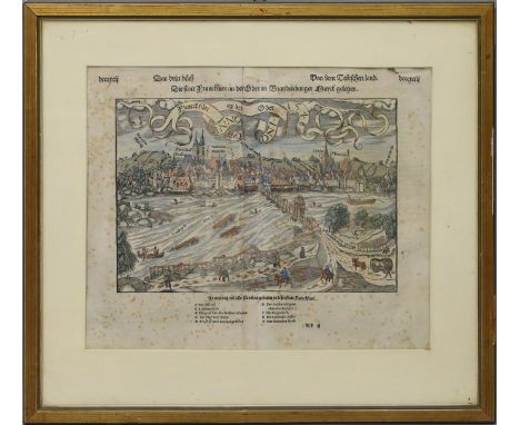 Kolorierter Hozschnitt von 1548. Ansicht von "Franckfurt an der Oder 1548". Fleckig, besch. Ca. 30x 36 cm. PP., R.