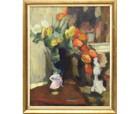 Karms, F. (um 1910) Blumenstillleben (verso Stubeninterieur). Öl/Lwd. (Kanten umgeschlagen), re. u. sign. 58x 46 cm. R.