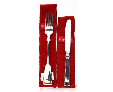 Dessertgabel und kleines Messer, Robbe &amp; Berking. 800/000 Silber, 48 g. "Spatenmuster". Kratzer. Mz. Robbe &amp; Berking,