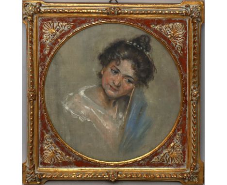 Unbekannter Maler. Portrait einer jungen Dame. Öl/Lwd., aufgezogen?. R. 26,5x 26,5 cm.