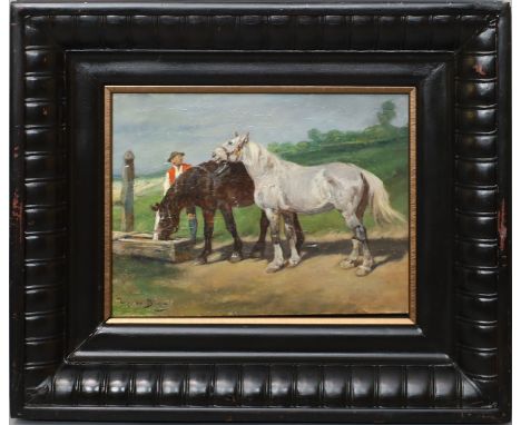 Unbekannter Maler im Stil Josef von Brandt (um 1900) 2 Pferde an der Tränke, dahinter ein Reiter. Öl/Holz, li. u. unleserlich