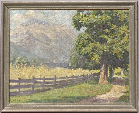 Wolde, Paul (1885-1948) Bergweg bzw. Berglandschaft im Sommer. Öl/Platte, li. u. sign. ca. 40x 49 cm. R. 