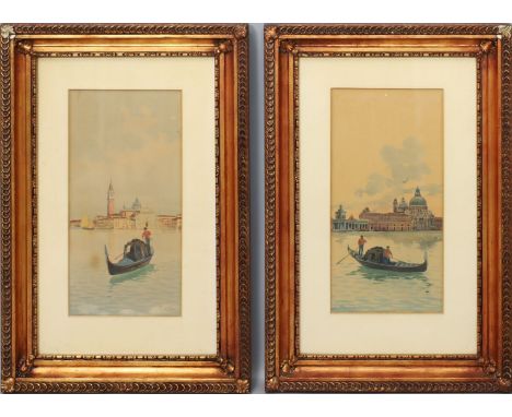 Unbekannte Künstler (20. Jh.) 2 Darstellungen mit Gondelfahrern, im Hintergrund Silhouette von Venedig. Aquarell/Karton (gebr