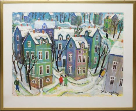 Nyberg, Jöran Winterliches Dorf mit Personen. Gouache, re. u. sign. Sichtmaß 55,5x 73,5 cm. PP., R. (8)
