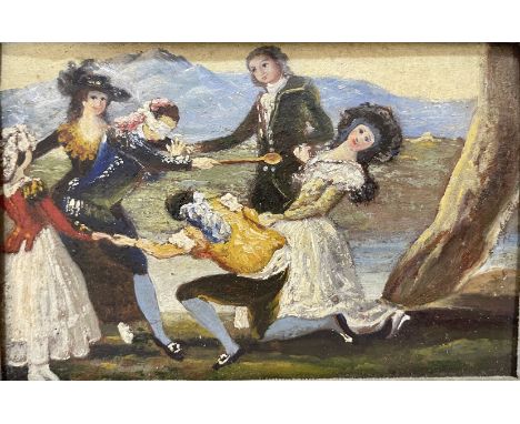 Villaamil, Eugenio Lucas (1858 Madrid 1918), att. Miniatur: Elegante Gesellschaft beim Blindekuhspiel. Öl/Karton. 9x 13 cm. P