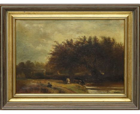 Borisch, B. (Anf. 20. Jh.) Hirte mit seinen Kühen an einem Flussufer. Öl/Lwd. (Farbschäden), re. u. sign. 28x 37 cm. R.