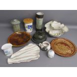 Collection of modern studio ware includes pink and grey freeform plate, segmented bowl, cream jug,