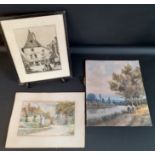 Mounted watercolour depicting thatch cottages signed H W Robb, watercolour depicting Nuns by a river