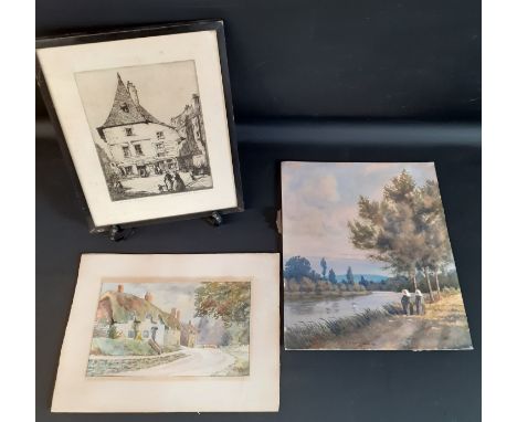 Mounted watercolour depicting thatch cottages signed H W Robb, watercolour depicting Nuns by a river signed E H Burr-Smith 19