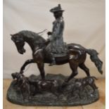 Large bronze figural group of gentleman on horse back with three hounds on naturalistic base after