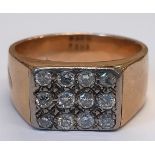 Gents gold ring (tests as between 9 - 14ct) set with 12 diamonds, approx. 0.45ct - ring size 2 -
