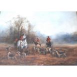 Gilt framed oil on board depicting The Hunt, thought to be an early work by John Trickett (B.