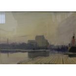 Framed watercolour depicting quay side with moored boats, by Watson Charlton 74cm x 61cm