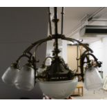 Large ornate brass ceiling light and shades, one shade broken.