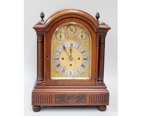 A Victorian Mahogany Chiming Table Clock, circa 1890, 6'' arch brass dial, the dial arch with three subsidery dials for, chim