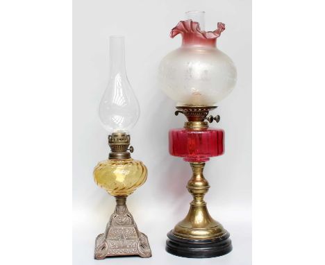 A Victorian Brass Based Oil Lamp, with cranberry reservoir, and Another Oil Lamp (2)