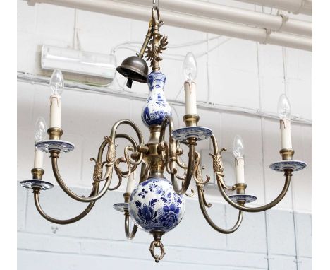 A Six Light Brass Electrolier, with a Delft pottery central boss and drip trays, 72cm drop
