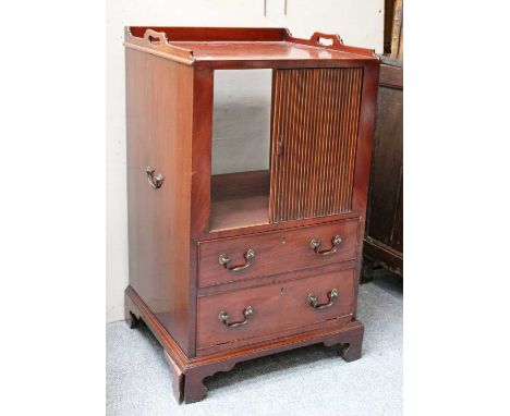 A 19th Century Mahogany Tambour Fronted Commode, with galleried twin-handled top 53cm by 48cm by 90cm