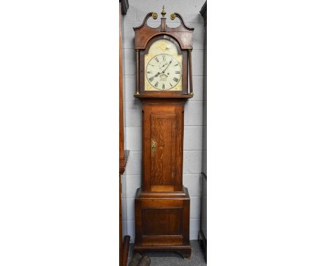 An Oak Eight Day Longcase Clock, early 19th century, 12'' arch painted dial, signed green, Oakhill, 210cm highWith two weight