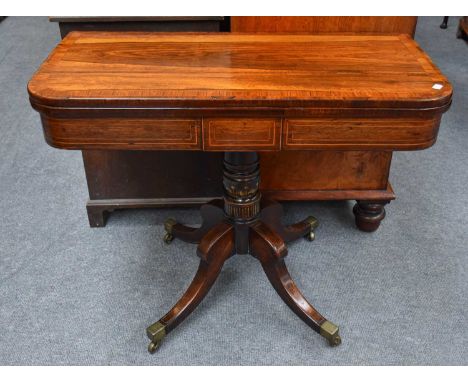A George III Cross Banded Rosewood Fold Over Card Table, 91cm by 46cm by 72cmFold over mechanism functioning correctly. Some 