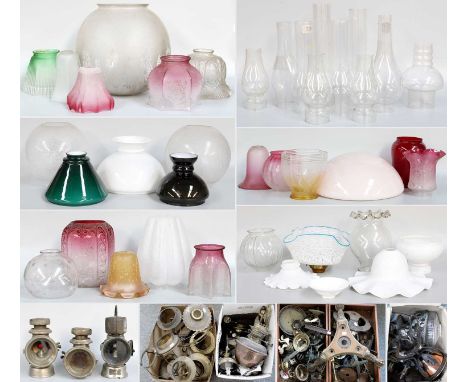 A Quantity of Mainly Oil Lamps Components, including coloured glass shades, glass chimney flutes, oil lamp accessories, three