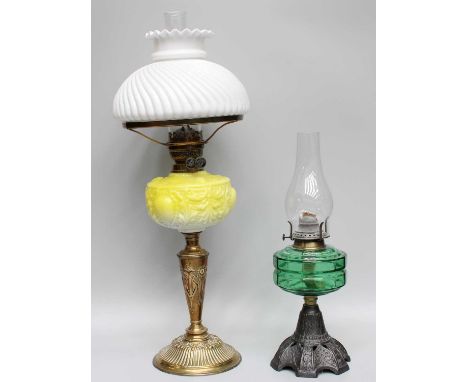 A Victorian Brass Based Oil Lamp, with a moulded opaque glass shade, together with Another Similar (2)