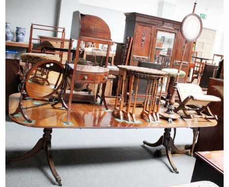 A Group of Furniture Comprising, a mahogany twin pillar dining table, 248cm by 117cm by 71cm, a Georgian corner washstand, a 