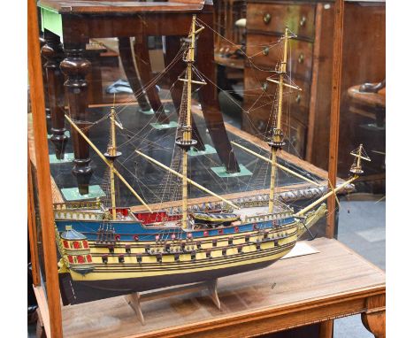 A Scale Model of the Triple Masted Ship, Wasa, displayed in a display cabinet on stand, 72cm by 29cm by 128cm