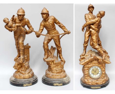 An Early 20th Century French Spelter Clock Garniture, depicting firemen in heroic poses after Raphanel `Au Feu`, `Sauvee` and
