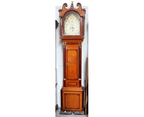 An Oak and Mahogany Longcase Clock, 13'' painted arch dial with subsidiary seconds and date chapter, indistinctly signed, pos