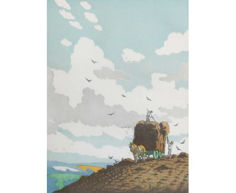 John Hall Thorpe (1874-1947)"Haymakers"Signed, woodblock print, 35cm by 27.5cm