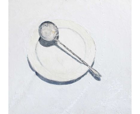 Alexis Bilenko (Contemporary) "Ladle and plate on embroidered cloth"Oil on board, 56cm by 61cm