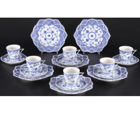 Royal Copenhagen Musselmalet Vollspitze 6 Kaffeegedecke 1036/1094, full lace coffee cups with dessert plates 1st choice,Porze