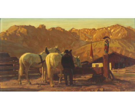 Julius Paul Junghanns (1876-1958) Pferde an der Tränke, horses at drinking trough,Öl/Holz, u. links signiert Jul. P. Junghann