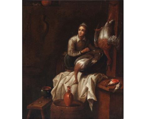 Altmeister 17./18. Jahrhundert, Interieur mit Frau und Jagdbeute, old master painting Interior with a woman and hunting prey 