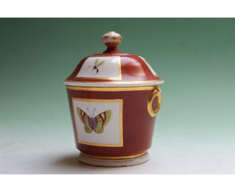 A 19th Century sucrier with cover, the brick red field painted with individual butterflies, possibly Spode, 12cm high