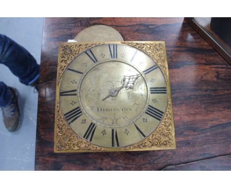 An 18th Century 30 hour oak cased longcase clock, the birdcage form movement to 10 3/4" brass dial, signed Thomas Harris, Ded